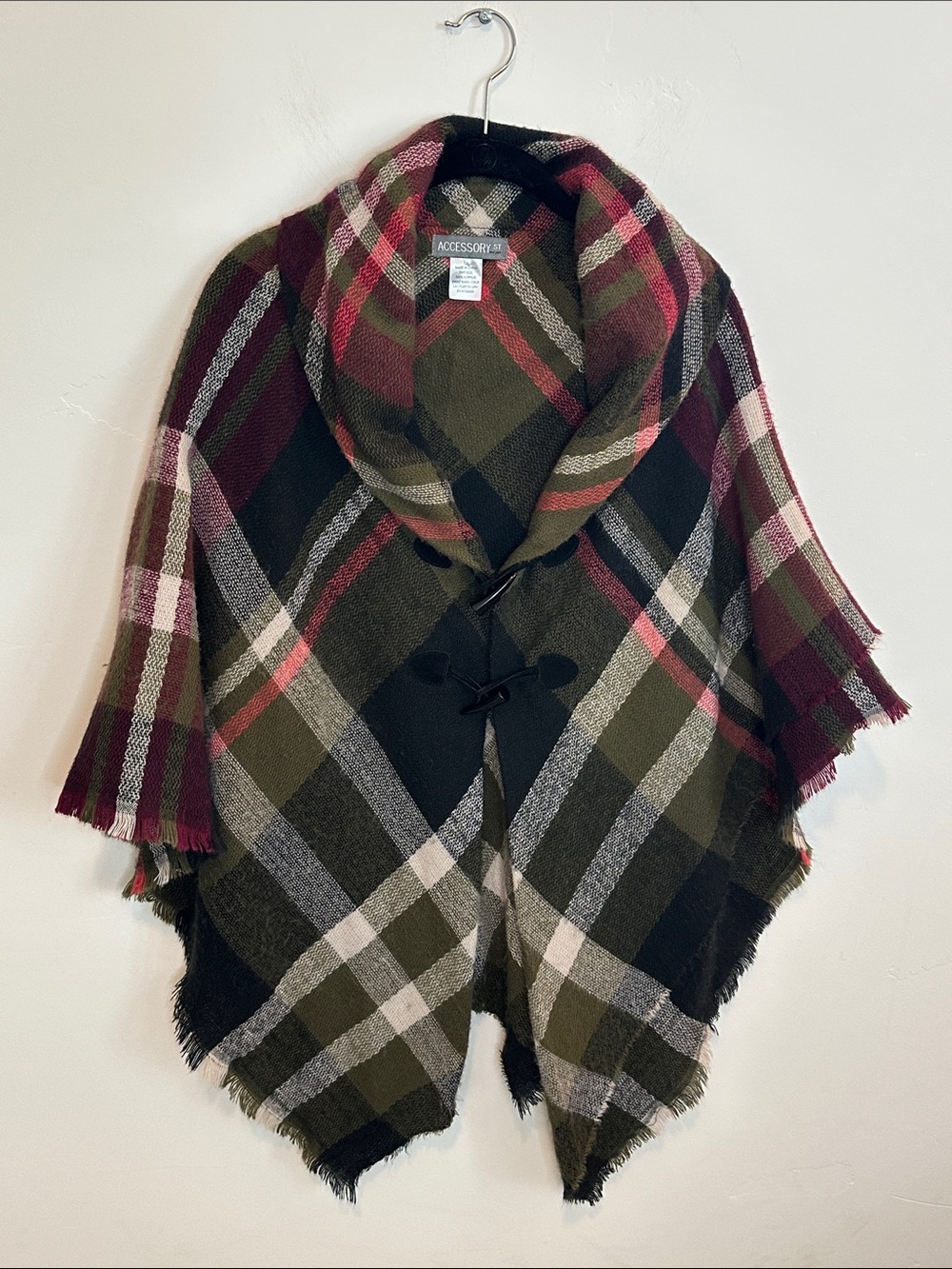 Accessory St New York Olive & Burgundy Plaid Cape Poncho with Black Horn Togggle